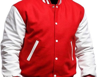 White/Red premium quality Letterman varsity baseball snap jacket  cowhide leather sleeves & wool body  (XS-XXXXL)  personalised