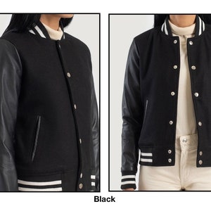 Timeless Sophistication: Women's Varsity Jacket with Leather Sleeves and Wool Body black