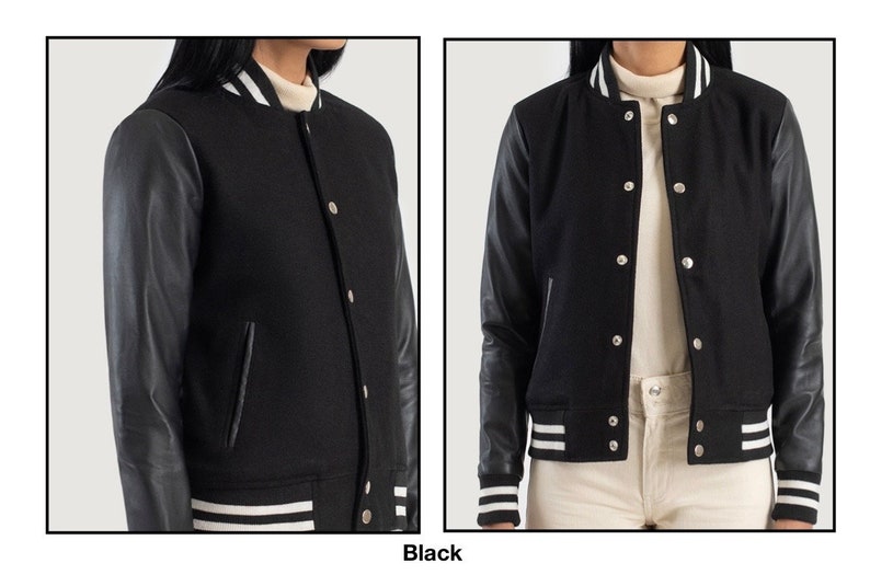 Timeless Sophistication: Women's Varsity Jacket with Leather Sleeves and Wool Body black