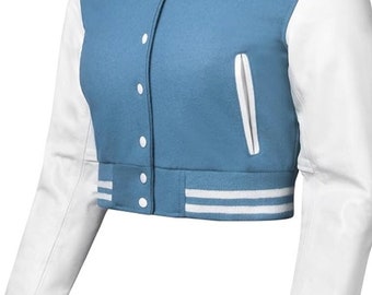 Cropped White/light Blue varsity baseball leather & wool women jacket  (XS-XXXL)  personalised