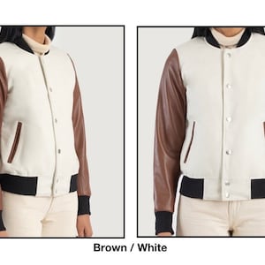 Timeless Sophistication: Women's Varsity Jacket with Leather Sleeves and Wool Body brown white