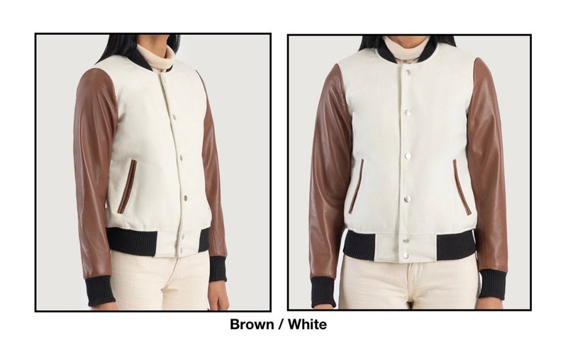 Timeless Sophistication: Women's Varsity Jacket with Leather Sleeves and Wool Body brown white