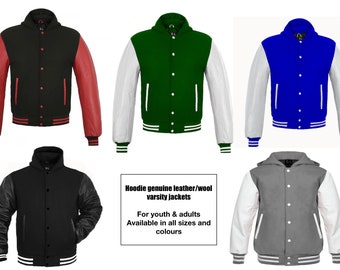 Hoodie varsity baseball jacket cowhide leather sleeves & wool body. For youth,  adults ,unisex all colours (XS-XXXXL)