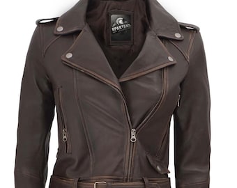 giacca da moto con cerniera in pelle marrone scuro da donna