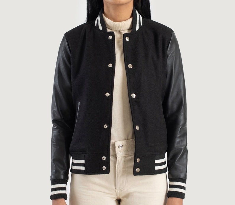 Timeless Sophistication: Women's Varsity Jacket with Leather Sleeves and Wool Body image 1