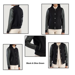 Timeless Sophistication: Women's Varsity Jacket with Leather Sleeves and Wool Body green black