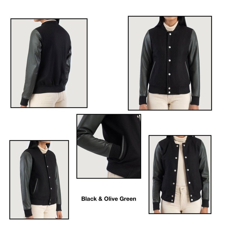 Timeless Sophistication: Women's Varsity Jacket with Leather Sleeves and Wool Body green black