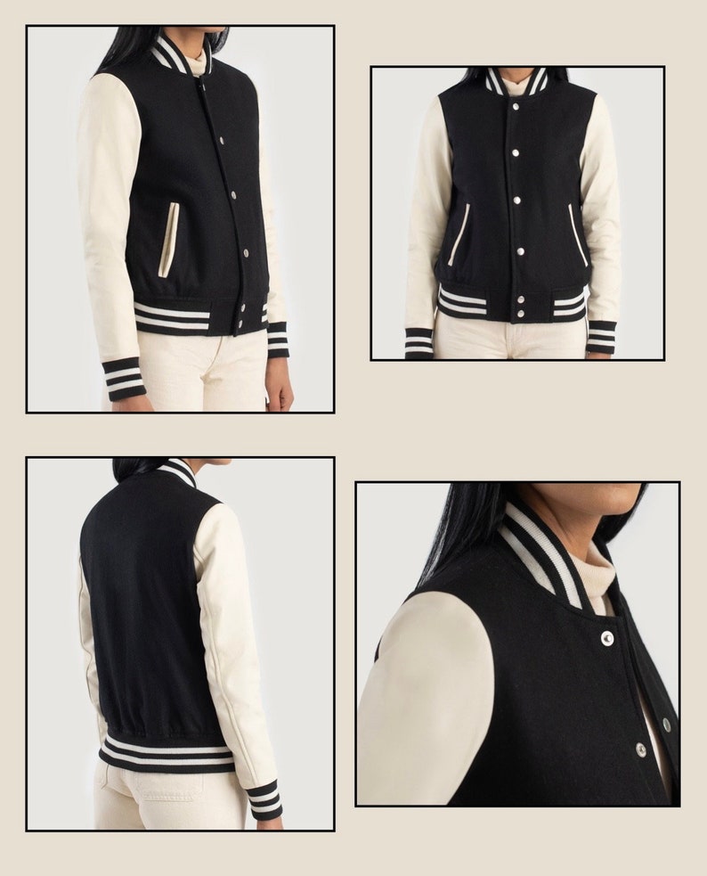 Timeless Sophistication: Women's Varsity Jacket with Leather Sleeves and Wool Body white black