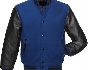 Blue /BLACK premium quality Letterman varsity baseball snap jacket  cowhide leather sleeves & wool body  (XS-XXXXL)