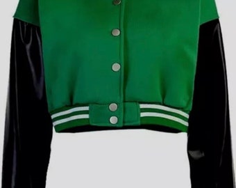 Cropped Green Letterman varsity baseball  jacket  leather & wool / women  (XS-XXXL)  personalised