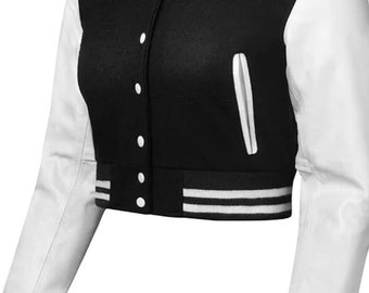 Cropped White/Black  varsity baseball leather & wool women jacket  (XS-XXXL) personalised