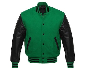 Green/BLACK premium quality Letterman varsity baseball snap jacket  cowhide leather sleeves & wool body  (XS-XXXXL) personalised