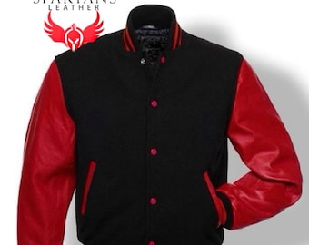Red and black premium quality Letterman bomber varsity baseball snap jacket     (XS-XXXXL) customise