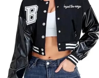 Cropped black Letterman varsity baseball down shoulder jacket  leather & wool / women  (XS-XXXL)  personalised