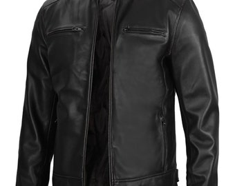 handmade  MEN Racer  blcak genuine leather jacket (XS-7XL)