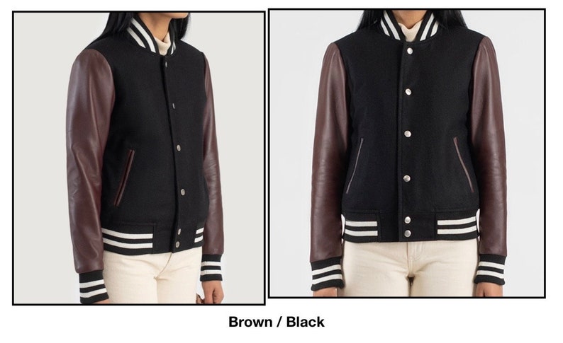 Timeless Sophistication: Women's Varsity Jacket with Leather Sleeves and Wool Body brown black