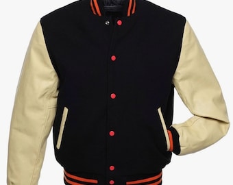 Creem/BLACK/orange premium quality Letterman varsity baseball snap jacket  cowhide leather sleeves & wool body  (XS-XXXXL)  personalised