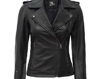 women’s black  leather  motorbike zipper  jacket with multiple pockets