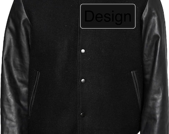 BLACK premium quality Letterman varsity baseball snap jacket  cowhide leather sleeves & wool body  (XS-XXXXL)