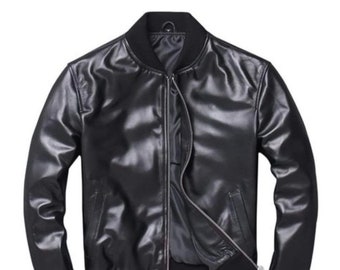 Men’s  Black  leather  zipper’s varsity bomber jacket.