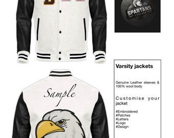 White/black premium quality Letterman varsity baseball snap jacket  cowhide leather sleeves & wool body  (XS-XXXXL)  personalised