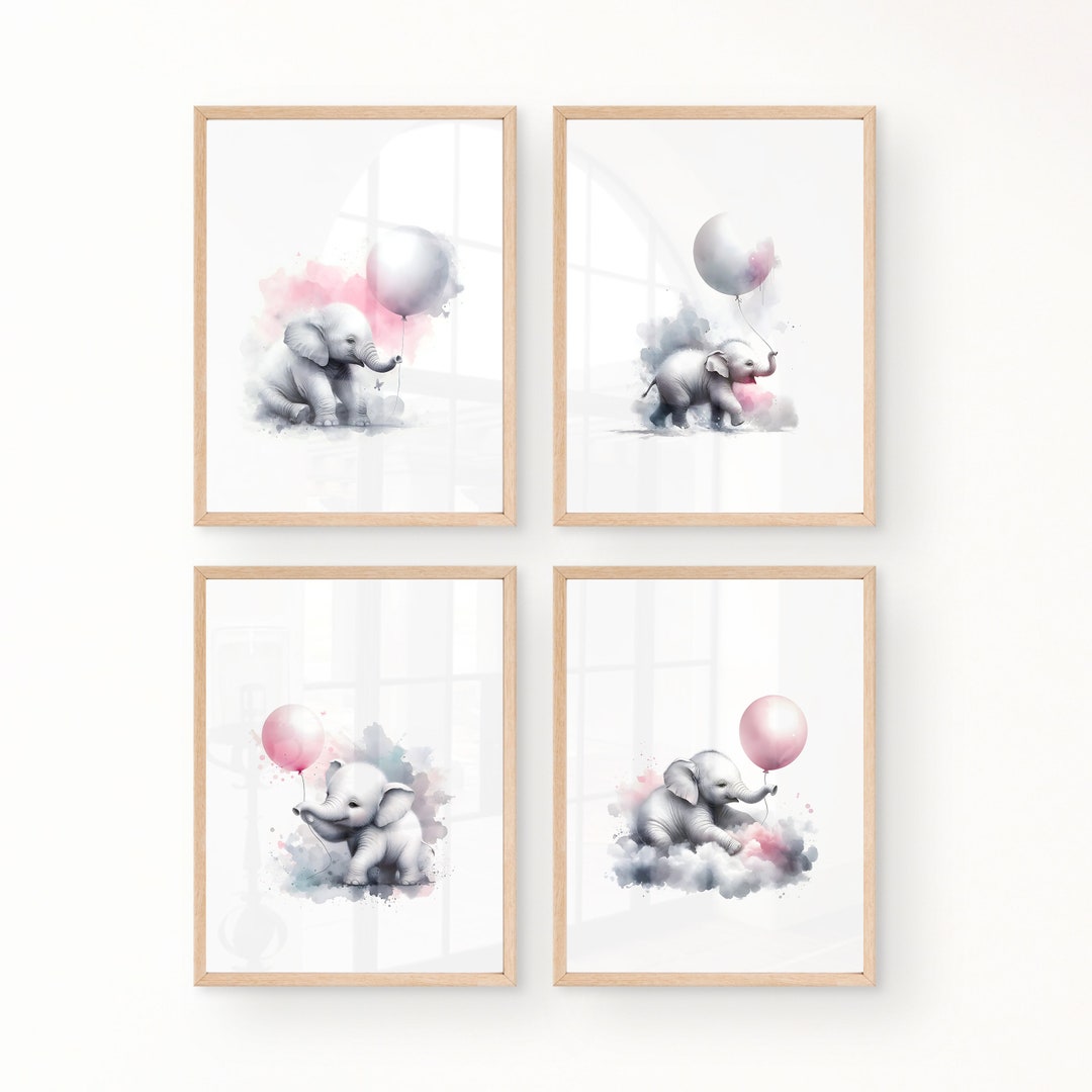Set of 4: Baby Elephant, Pink Balloon, Safari Animal, Baby Animals ...