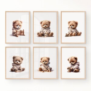 Set of 6: Teddy Bear Print, Bear Poster, Brown Nursery Decor, Gender-Neutral, Boho, Nursery Wall Decor, Nursery Print, Instant Download