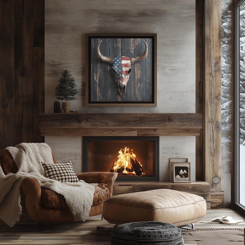 Western Cow Skull Print With American Flag Design Country Cowboy Rustic