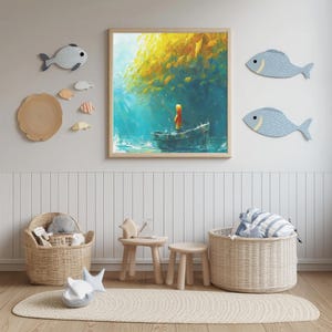 Lienzo decorativo de pesca y remo para habitación de niños: arte infantil de casa de lago, póster de pared rústico de casa de lago, regalo con temática de peces