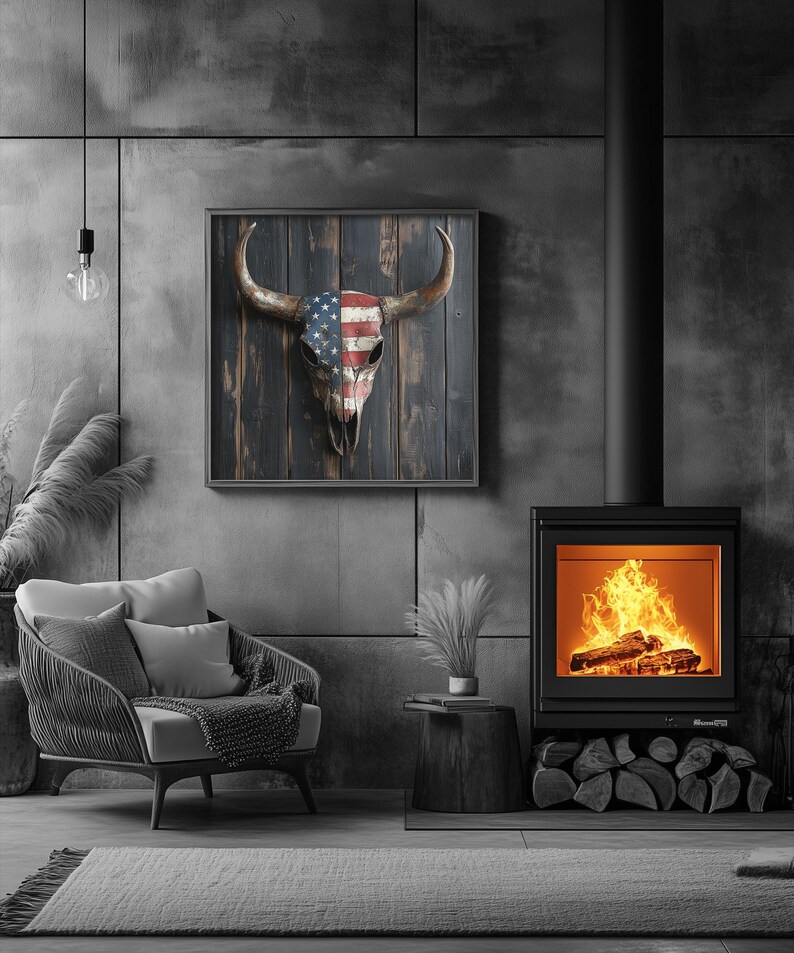 Western Cow Skull Print With American Flag Design Country Cowboy Rustic