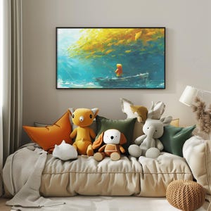 Póster de aventura de pesca caprichosa: niño colorido en un bote con peces dorados / Arte de pared para guardería, decoración de sala de juegos, ilustración para habitación de niños