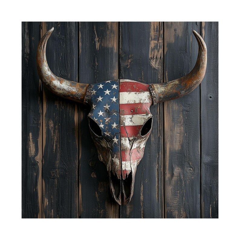 Western Cow Skull Print With American Flag Design Country Cowboy Rustic