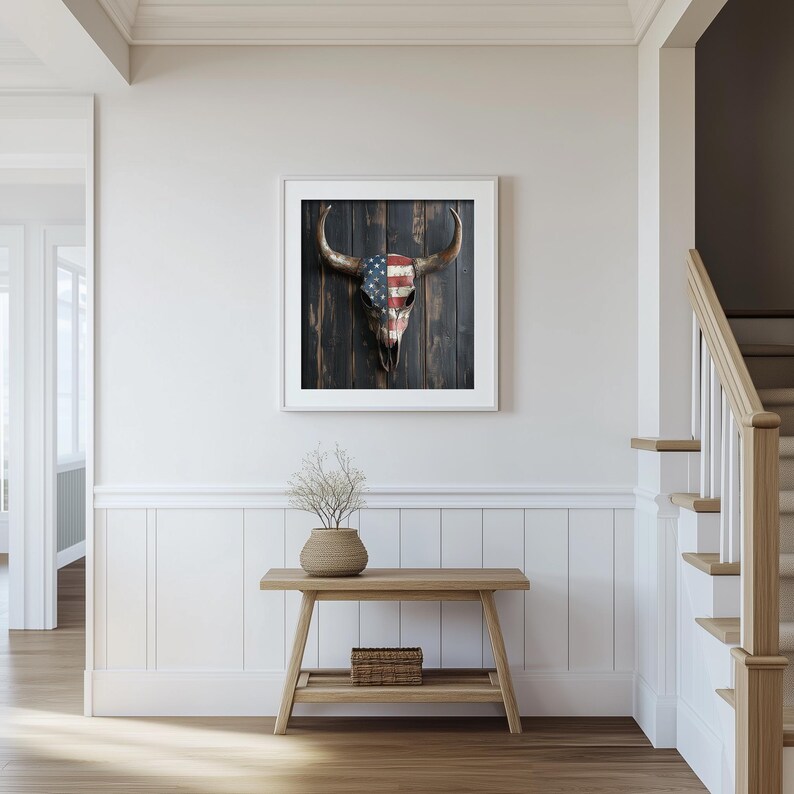 Western Cow Skull Print With American Flag Design Country Cowboy Rustic