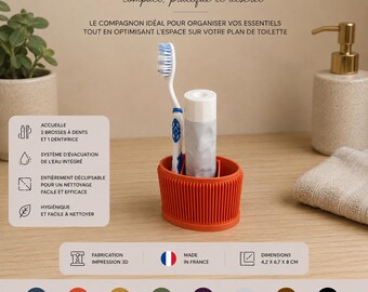 Mini porte brosse à dents design | Support brosse à dents salle de bain | Rangement compact imprimé en 3D | Fabrication française