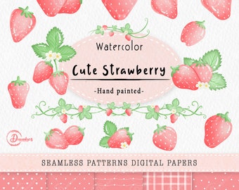 Watercolor strawberry Clipart, cute strawberry clipart, strawberry, strawberry png, strawberry clipart, pink seamless