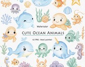 Watercolor Cute Ocean Animals Clipart Bundle, Under the Sea Clipart, Sea Life PNG, Hand-Painted Marine Creatures for Kids & Nursery Decor