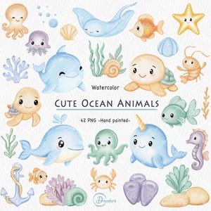 Watercolor Cute Ocean Animals Clipart Bundle, Under the Sea Clipart, Sea Life PNG, Hand-Painted Marine Creatures for Kids & Nursery Decor