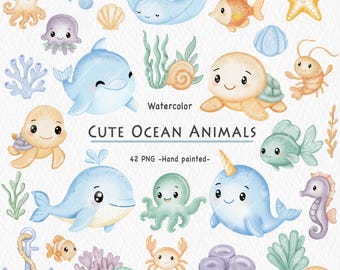Watercolor Cute Ocean Animals Clipart Bundle, Under the Sea Clipart, Sea Life PNG, Hand-Painted Marine Creatures for Kids & Nursery Decor