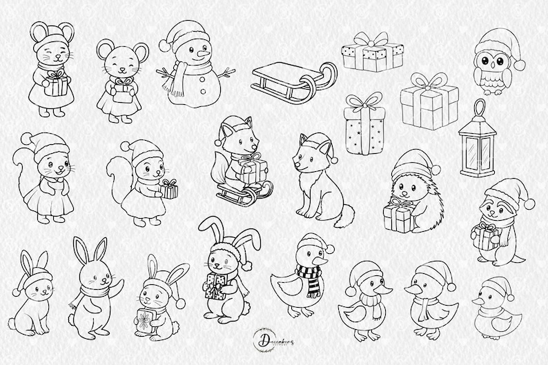 Christmas Clipart Woodland Animals SVG PNG, Black and White Outline ...