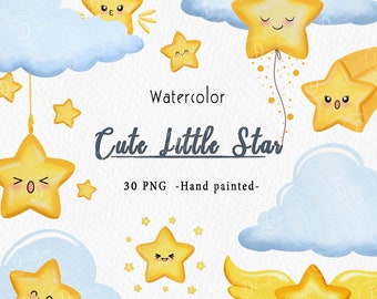 Watercolor stars and cloud clipart png, star, nursery clipart, kids and baby, watercolor clipart, kid clipart, Baby Shower, nursery decor