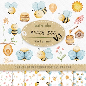 Può includere: Illustrazioni ad acquerello di api, favi, fiori e un barattolo di miele. Le illustrazioni sono dipinte a mano e perfette per creare carte digitali e motivi senza cuciture. Il testo "Watercolor Honey Bee V.1! -Hand painted- Seamless Patterns Digital Papers" è incluso nell'immagine.