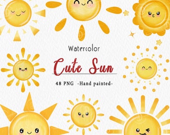 Puede incluir: Un conjunto de 48 ilustraciones de acuarela de soles de dibujos animados lindos con diferentes expresiones. Los soles son amarillos con una variedad de expresiones faciales, incluyendo sonreír, guiñar un ojo y sacar la lengua. Las ilustraciones son perfectas para agregar un toque de capricho a cualquier proyecto.