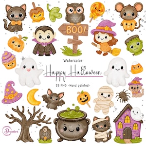 Watercolor Cute Halloween Clipart PNG, trick or treat clipart Hand Painted Spooky Clip Art, Ghost Pumpkin Witch Cat, Halloween sublimation.