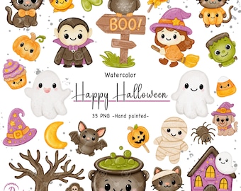 Watercolor Cute Halloween Clipart PNG, trick or treat clipart Hand Painted Spooky Clip Art, Ghost Pumpkin Witch Cat, Halloween sublimation.