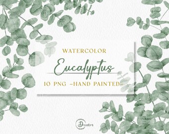 May include: Watercolor illustration of eucalyptus leaves in shades of green. The image includes the text "WATERCOLOR Eucalyptus 10 PNG -HAND PAINTED- ".