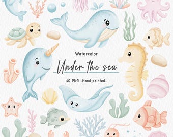 Watercolor Under the Sea Clipart Bundle, Cute Ocean Animals, Sea Life PNG, Hand Painted Marine Creatures for Kids & Nursery Decor