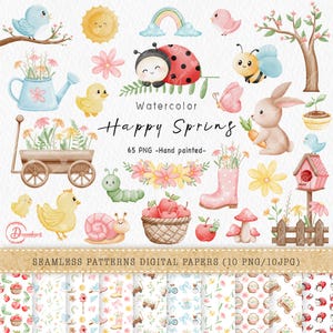 Happy spring clipart, spring png, spring flowers clipart, spring floral clipart, spring watercolor, spring garden, Spring animal clipart