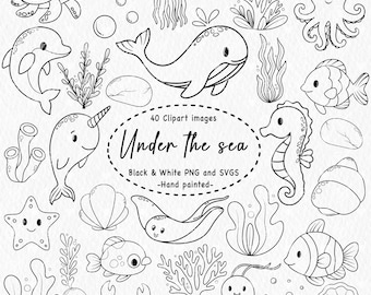 Imágenes prediseñadas bajo el mar, lindos animales del océano en formato PNG SVG, criaturas marinas en blanco y negro para manualidades y páginas para colorear para niños, Cricut