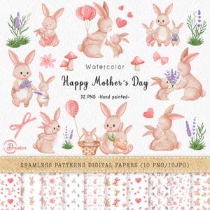 Happy Mother&#39;s Day bunny with Lavender flowers watercolor, Cute Mother&#39;s Day png, Mom and Baby Rabbit, Mother&#39;s Day Sublimation.
