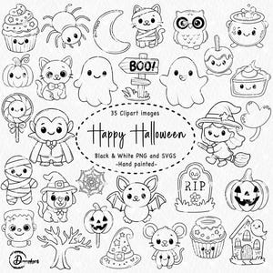 Leuke halloween doodle clipart, kawaii spooky overzicht SVG png, spook pompoen heks kat kleurplaten, leuke halloween sticker bundel.